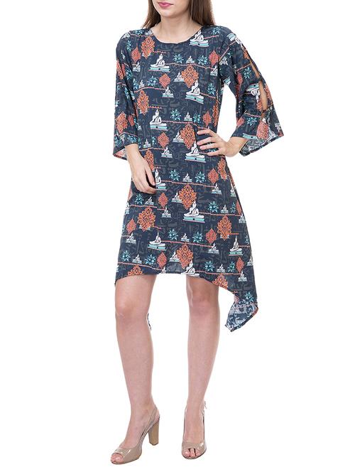 blue printed rayon asymmetric dress - 15212811 - Very Small Image - 1