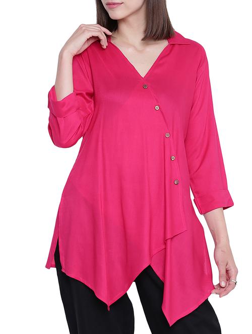 pink solid rayon assymmetric tunic - 15212816 - Very Small Image - 1