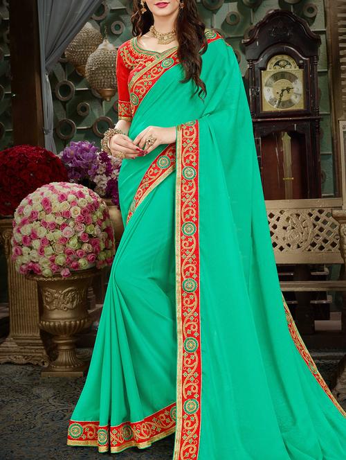 turquoise georgette bordered saree - 15213009 - Very Small Image - 1