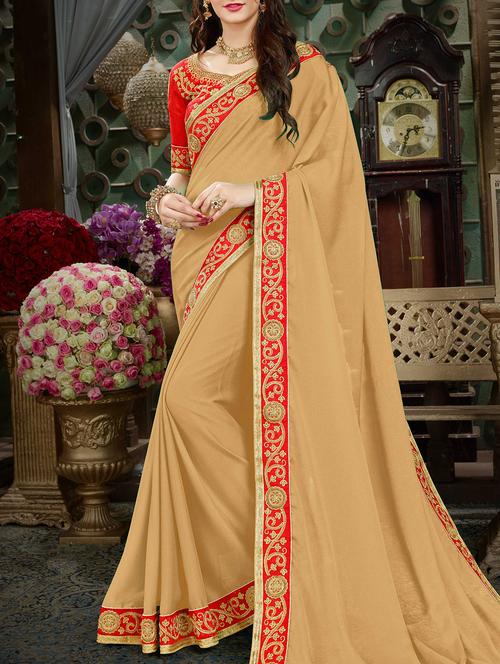 beige georgette bordered saree - 15213012 - Very Small Image - 1