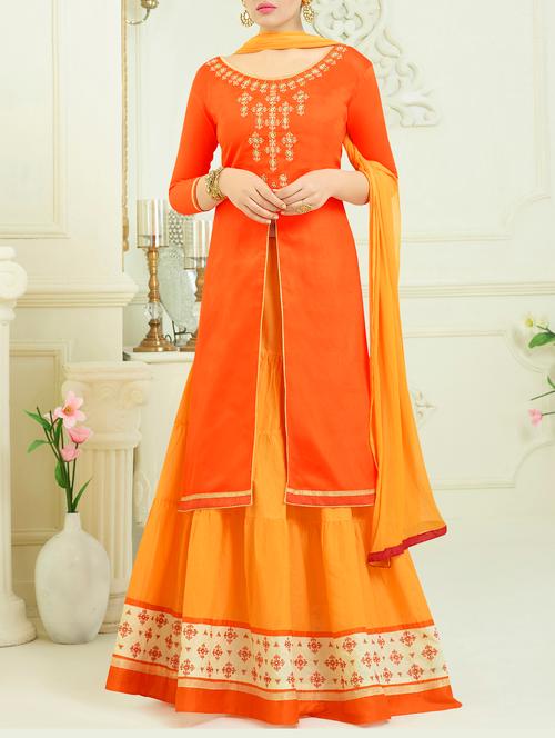 orange embroidered unstitched skirt suit - 15214724 - Very Small Image - 1