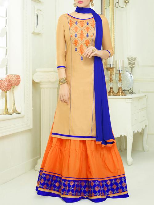 beige embroidered unstitched skirt suit - 15214726 - Very Small Image - 1