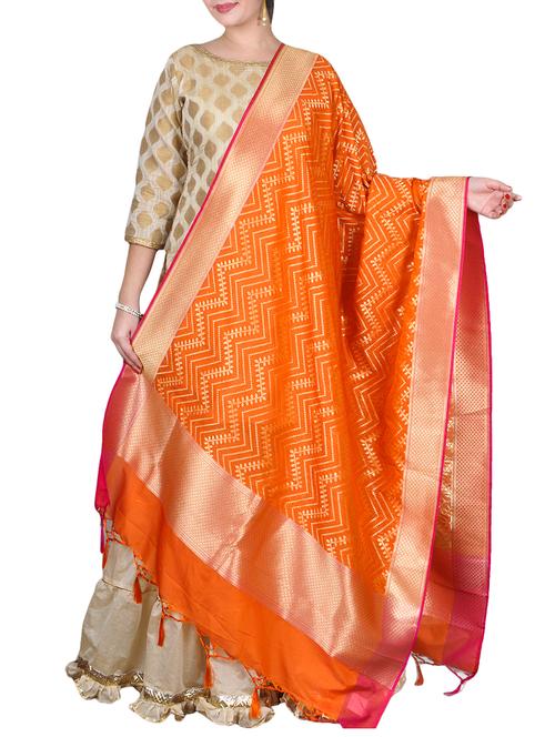orange silk blend dupatta - 15216112 - Very Small Image - 1
