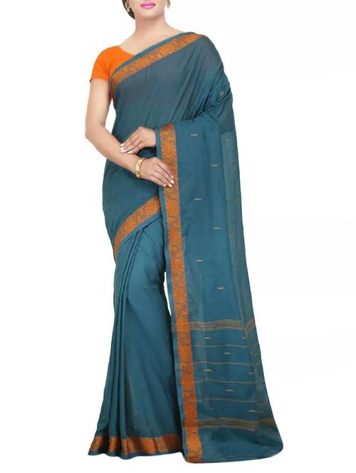 turquoise cotton bordered saree - 15216157 - Very Small Image - 1