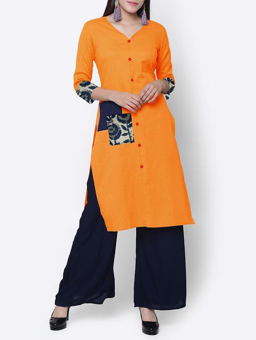 orange cotton straight kurta - 15218040 - Very Small Image - 1