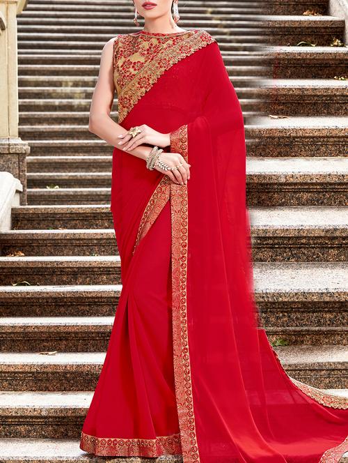 red georgette bordered saree with blouse - 15221302 - Very Small Image - 1