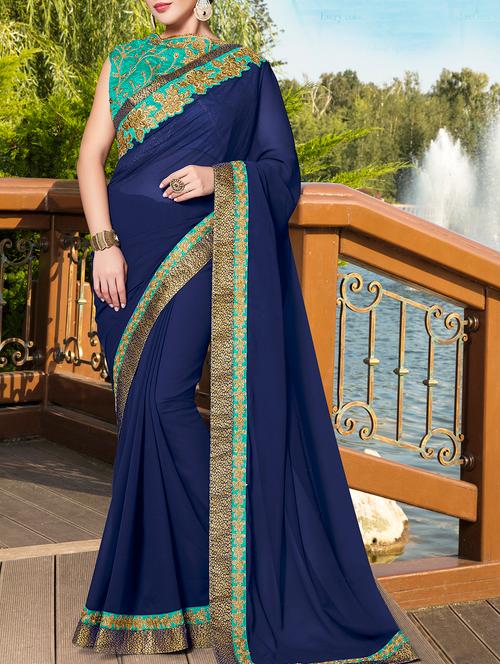 blue georgette bordered saree with blouse - 15221303 - Very Small Image - 1