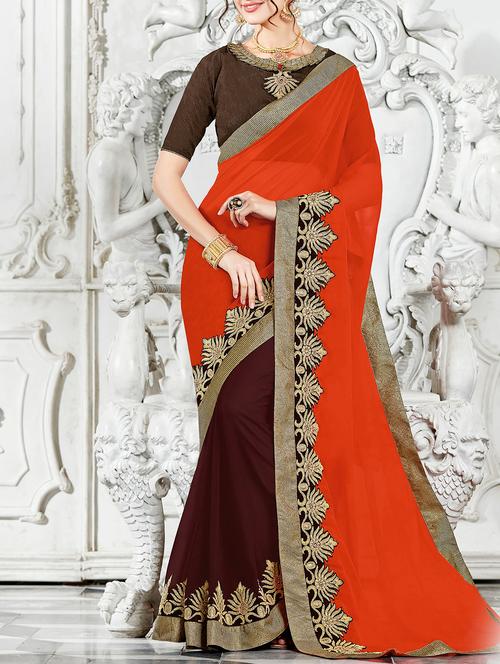 orange georgette half & half saree with blouse - 15221318 - Very Small Image - 1