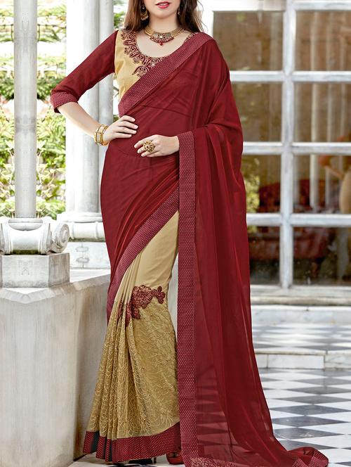 maroon georgette half & half saree with blouse - 15221327 - Very Small Image - 1