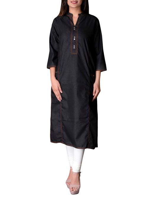 black denim straight solid kurta - 15221751 - Very Small Image - 1
