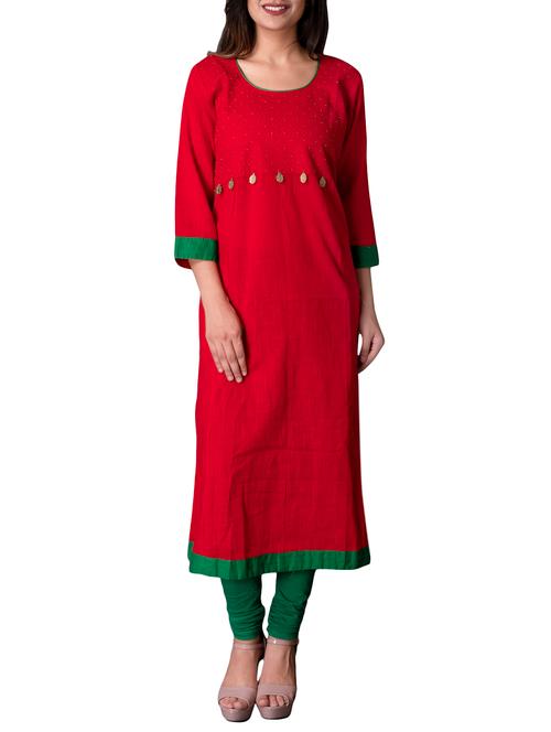 red cotton a-line solid kurta - 15221755 - Very Small Image - 1