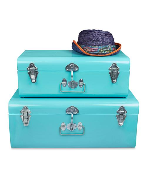 vintage style metal trunk, college dorm & bedroom footlocker, storage chest, set of 2, aqua - 15222236 - Very Small Image - 1