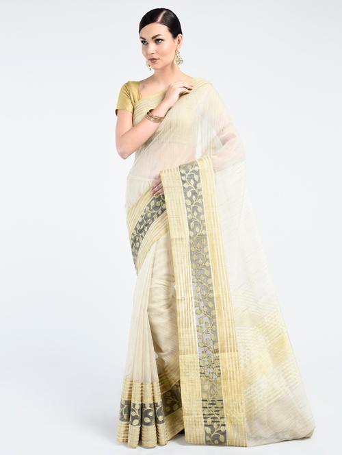 beige tussar silk banarasi saree with blouse - 15224391 - Very Small Image - 1