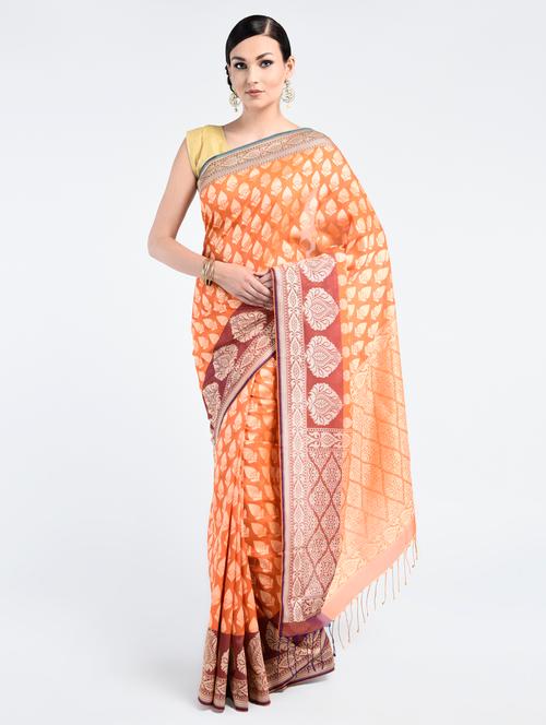 orange art silk banarasi saree with blouse - 15224397 - Very Small Image - 1
