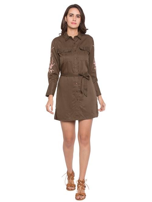 olive solid shirt dress - 15224930 - Very Small Image - 1