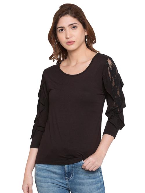 ruffled mesh panel sleeved top - 15224950 - Very Small Image - 1