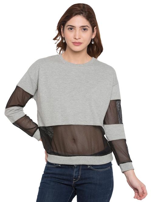mesh panel crew neck top - 15225019 - Very Small Image - 1