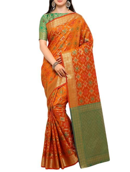 orange silk blend banarasi saree with blouse - 15225779 - Very Small Image - 1
