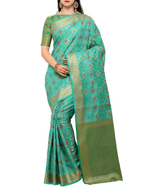turquoise silk blend banarasi saree with blouse - 15225780 - Very Small Image - 1