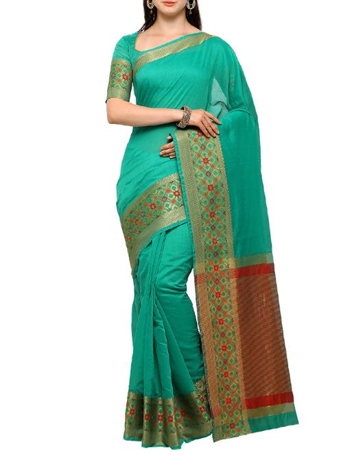 green cotton blend bordered saree with blouse - 15225798 - Very Small Image - 1