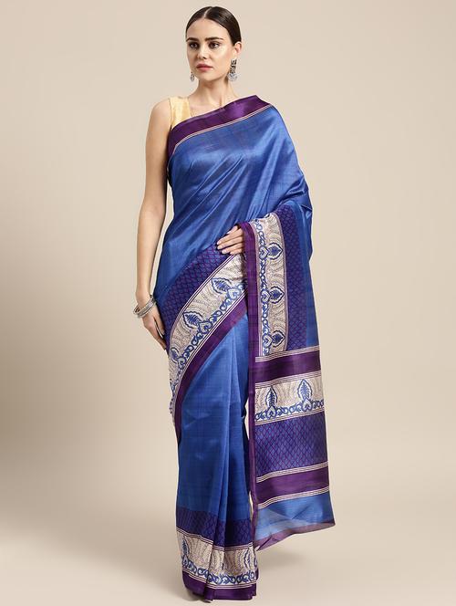 blue art silk printed saree with blouse - 15226291 - Very Small Image - 1