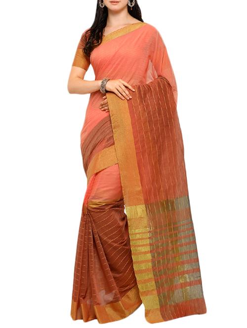 peach cotton blend woven saree with blouse - 15226295 - Very Small Image - 1