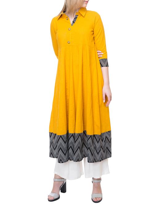 yellow cotton flared kurta - 15226726 - Very Small Image - 1