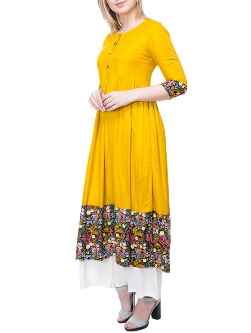 yellow rayon flared kurta - 15226733 - Very Small Image - 1