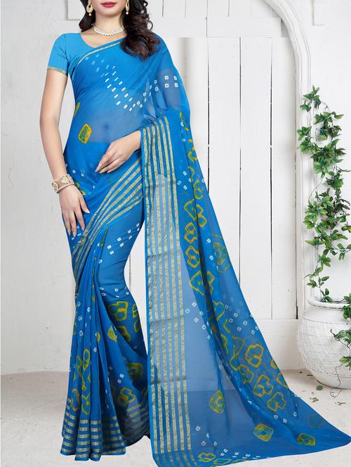 turquoise chiffon bandhani saree with blouse - 15227192 - Very Small Image - 1
