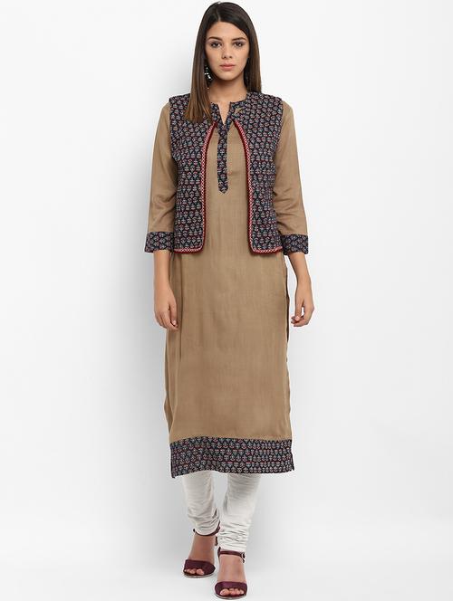 beige cotton straight kurta - 15227375 - Very Small Image - 1