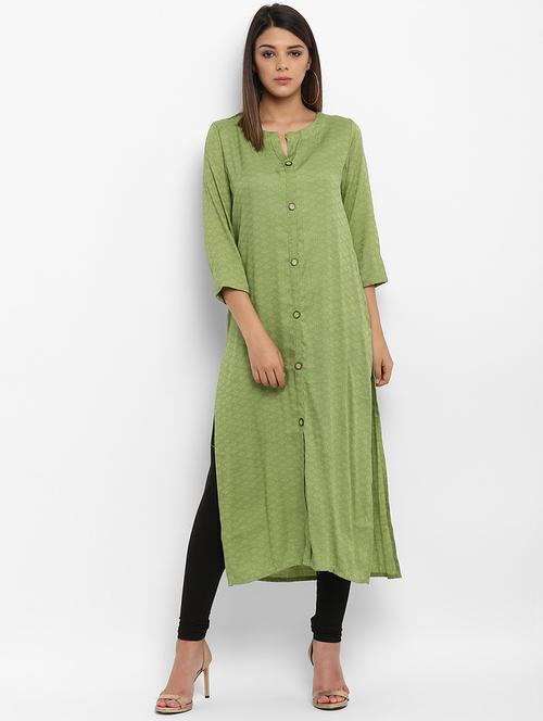 olive self weave buttoned kurta - 15227404 - Very Small Image - 1