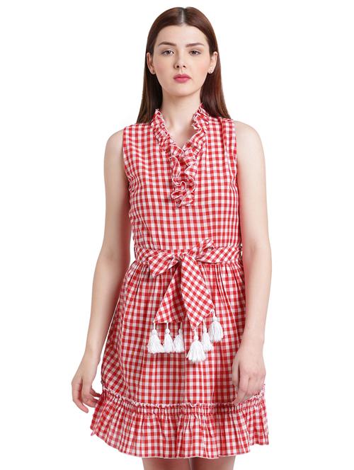 red checkered cotton belted dress - 15228174 - Very Small Image - 1