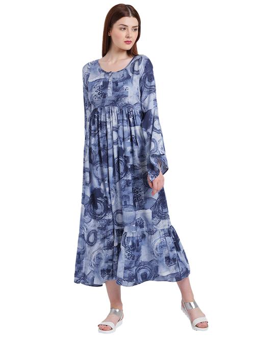 blue printed cotton a-line dress - 15228187 - Very Small Image - 1