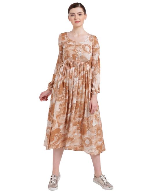 brown cotton printed a-line dress - 15228189 - Very Small Image - 1