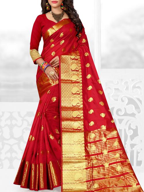red cotton silk kanjivaram saree with blouse - 15231458 - Very Small Image - 1