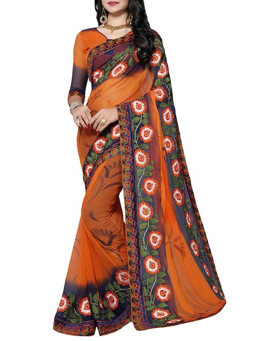 orange georgette embroidered saree with blouse - 15231465 - Very Small Image - 1