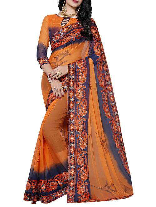 orange georgette embroidered saree with blouse - 15231478 - Very Small Image - 1