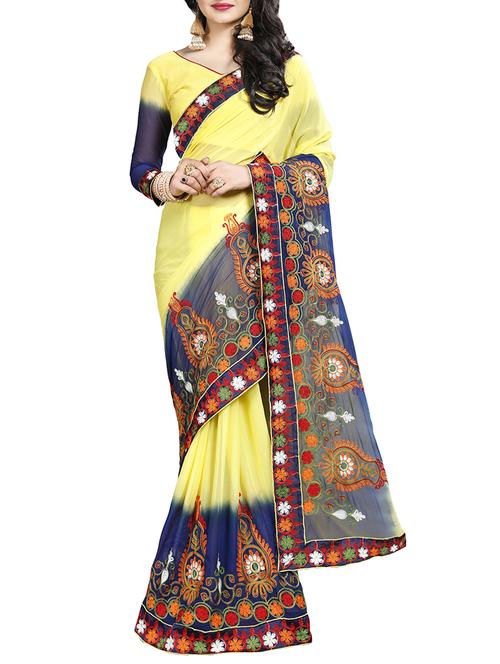 yellow georgette embroidered saree with blouse - 15231524 - Very Small Image - 1