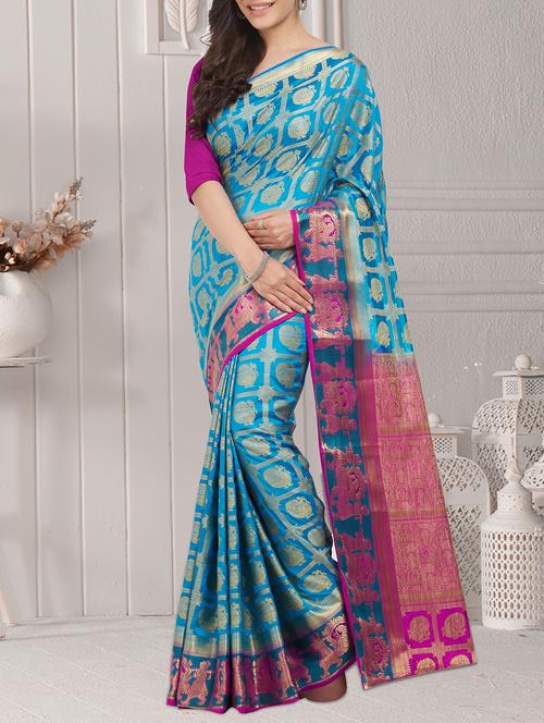 sky blue woven saree with blouse - 15234169 - Very Small Image - 1