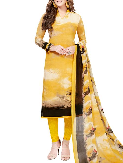 yellow crepe unstitched churidaar suit - 15235026 - Very Small Image - 1