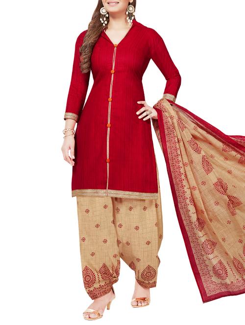 red crepe unstitched patiyalal suit - 15235047 - Very Small Image - 1