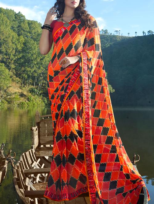orange georgette printed saree - 15235585 - Very Small Image - 1