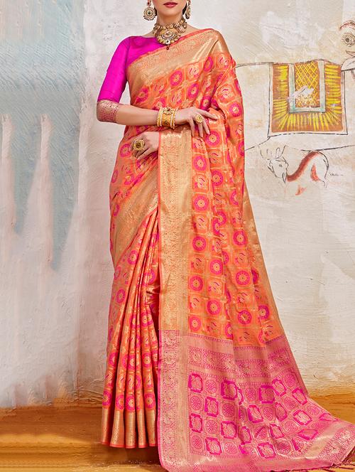 orange silk blend patola saree with blouse - 15235856 - Very Small Image - 1