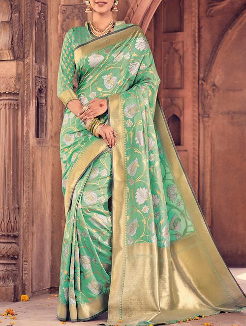 floral jaal banarasi saree with blouse - 15235904 - Very Small Image - 1