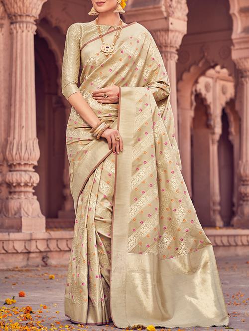 beige silk blend banarasi saree with blouse - 15235905 - Very Small Image - 1