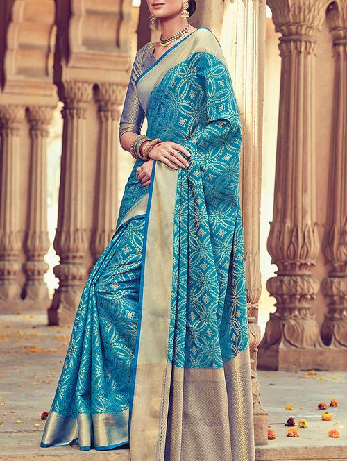 sky blue art silk banarasi saree with blouse - 15235914 - Very Small Image - 1