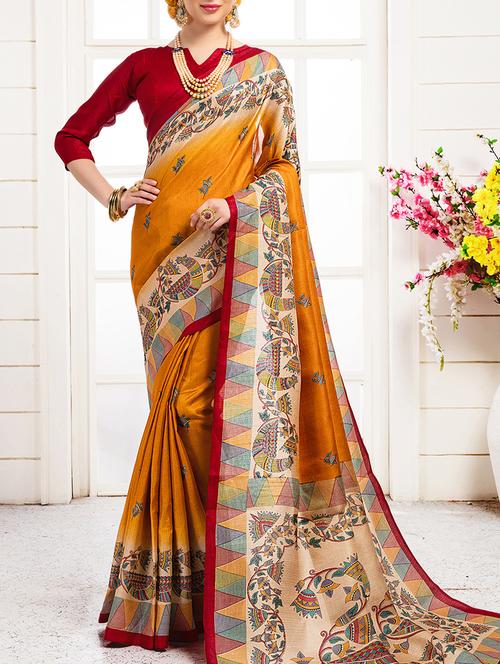 mustard khadi silk printed saree with blouse - 15235928 - Very Small Image - 1