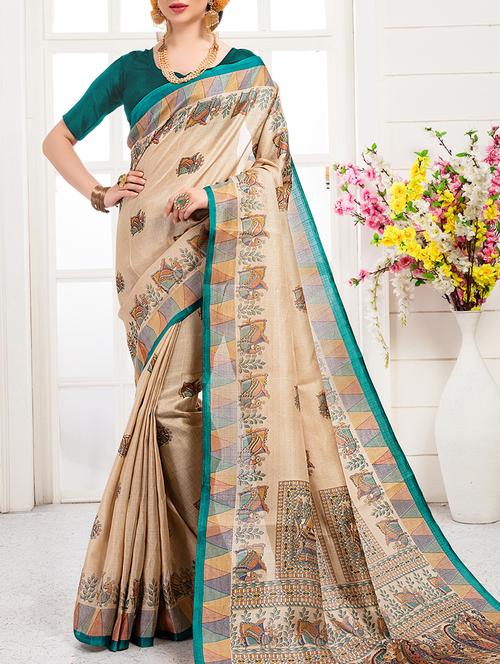 beige khadi silk printed saree with blouse - 15235932 - Very Small Image - 1