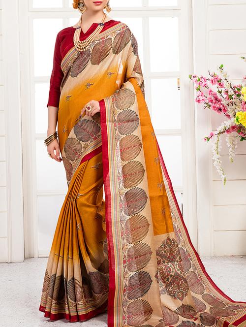mustard khadi silk printed saree with blouse - 15235943 - Very Small Image - 1