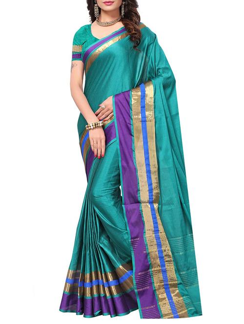 turquoise cotton silk bordered saree with blouse - 15235956 - Very Small Image - 1